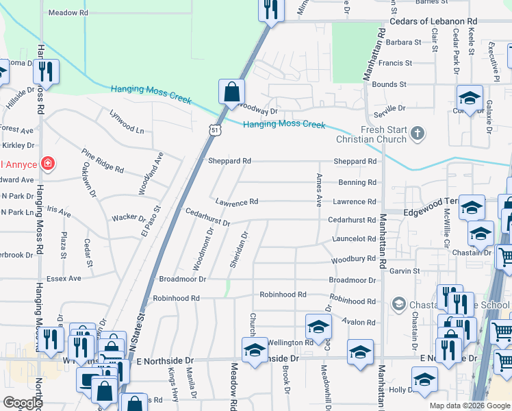 map of restaurants, bars, coffee shops, grocery stores, and more near 324 Lawrence Road in Jackson