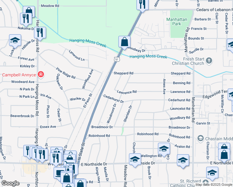 map of restaurants, bars, coffee shops, grocery stores, and more near 219 Lawrence Road in Jackson