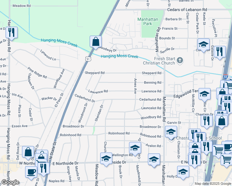 map of restaurants, bars, coffee shops, grocery stores, and more near 417 Lawrence Road in Jackson