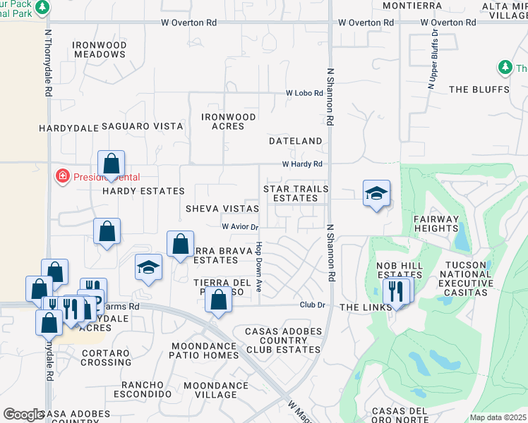 map of restaurants, bars, coffee shops, grocery stores, and more near 8661 North Auriga Way in Tucson
