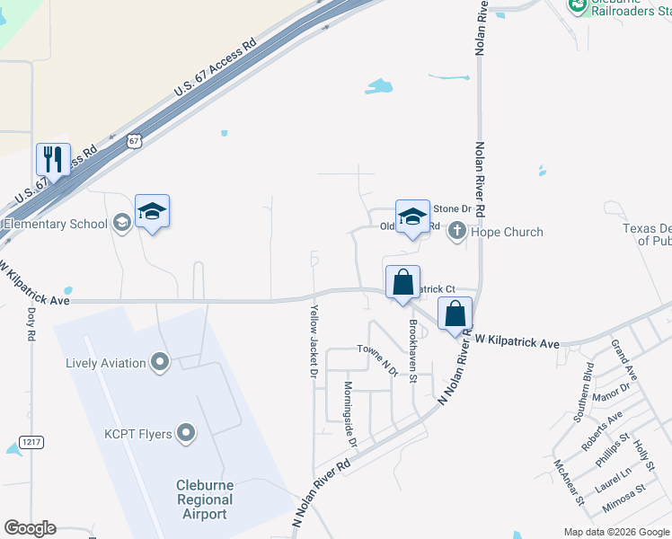 map of restaurants, bars, coffee shops, grocery stores, and more near 1626 West Kilpatrick Street in Cleburne