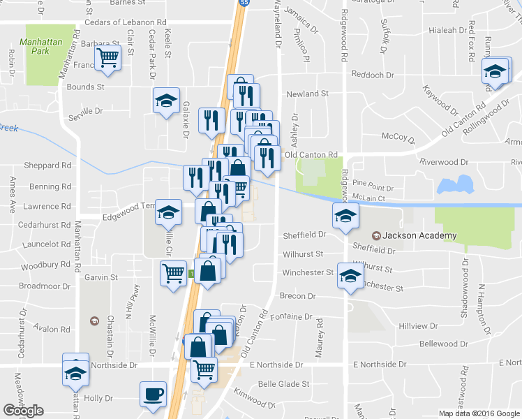 map of restaurants, bars, coffee shops, grocery stores, and more near 49 Old Canton Road in Jackson