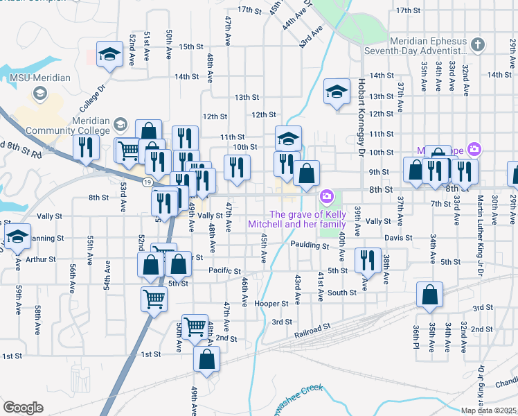 map of restaurants, bars, coffee shops, grocery stores, and more near 707 45th Avenue in Meridian