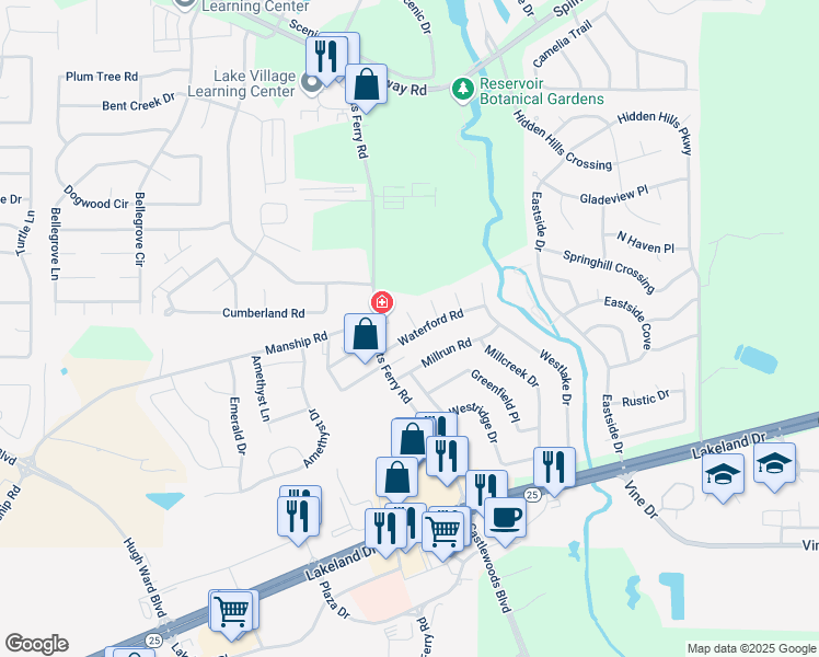 map of restaurants, bars, coffee shops, grocery stores, and more near 458 Waterford Road in Brandon