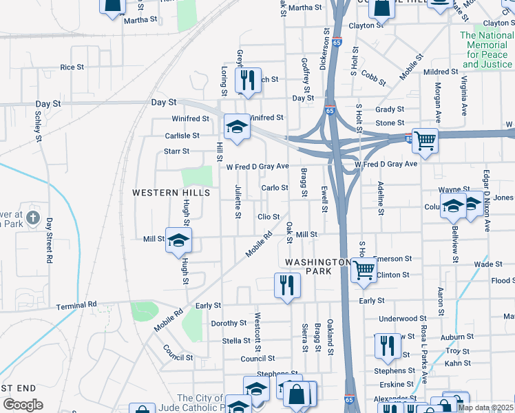 map of restaurants, bars, coffee shops, grocery stores, and more near 968 Busch Street in Montgomery