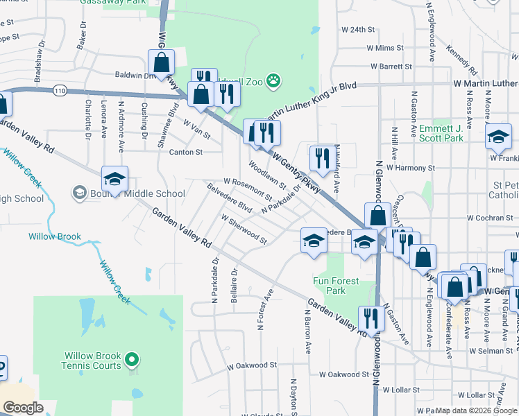 map of restaurants, bars, coffee shops, grocery stores, and more near 2317 Belvedere Boulevard in Tyler