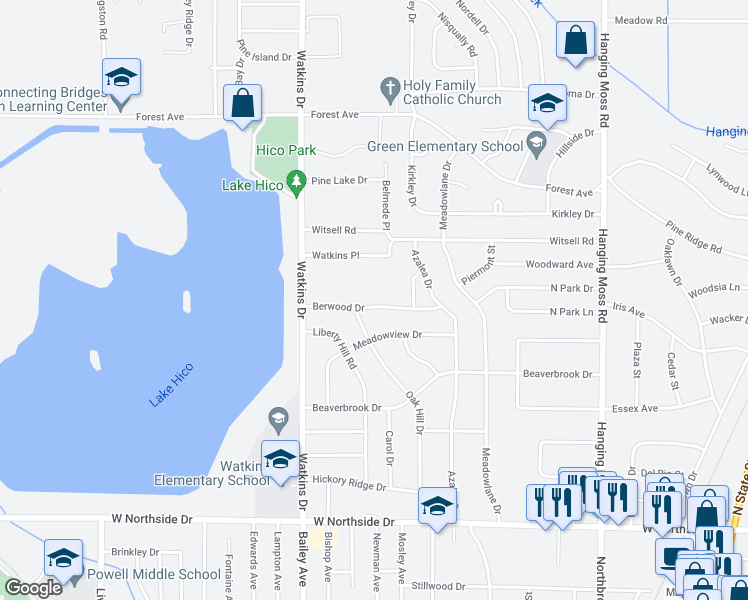 map of restaurants, bars, coffee shops, grocery stores, and more near 846 Berwood Drive in Jackson