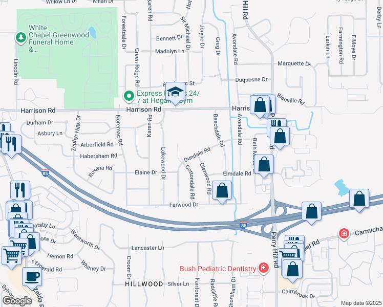 map of restaurants, bars, coffee shops, grocery stores, and more near 1163 Cottondale Road in Montgomery