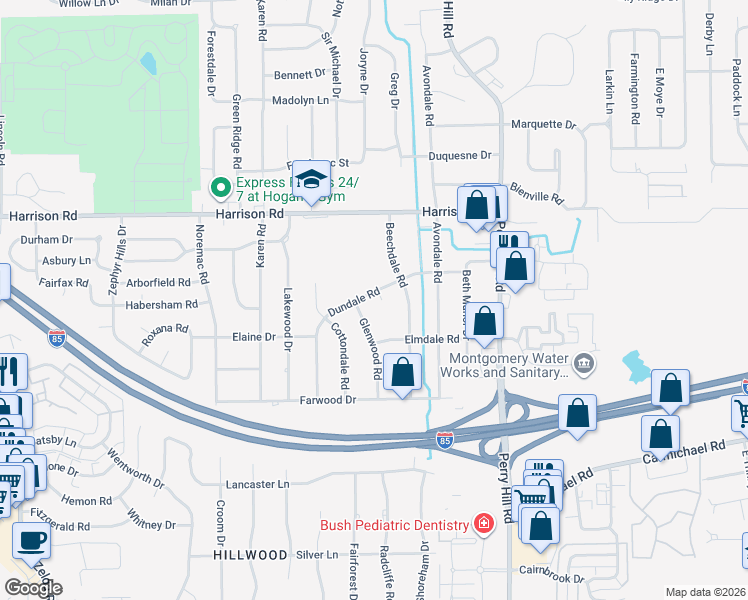 map of restaurants, bars, coffee shops, grocery stores, and more near 3600 Dundale Road in Montgomery