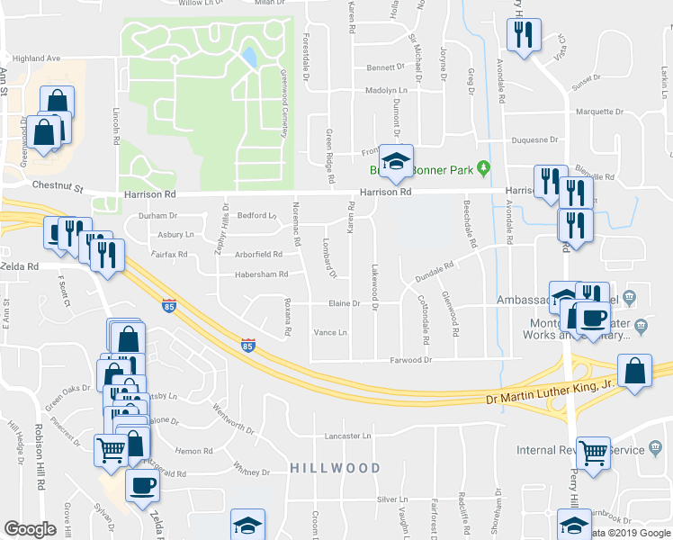 map of restaurants, bars, coffee shops, grocery stores, and more near 1146 Karen Road in Montgomery