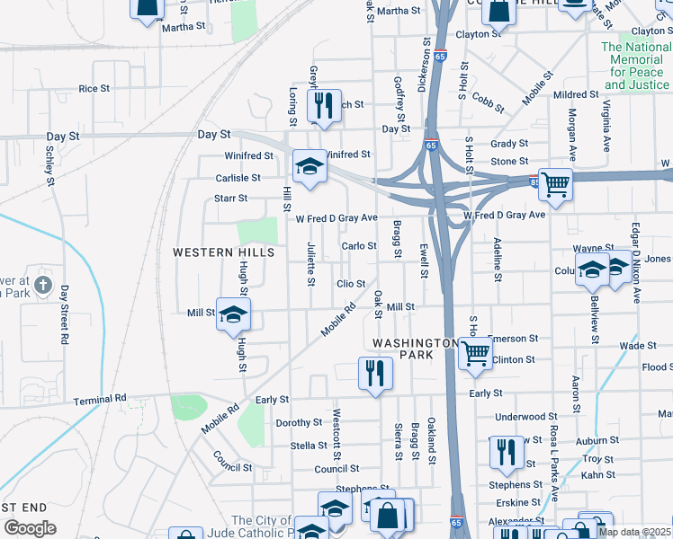 map of restaurants, bars, coffee shops, grocery stores, and more near 968 Busch Street in Montgomery