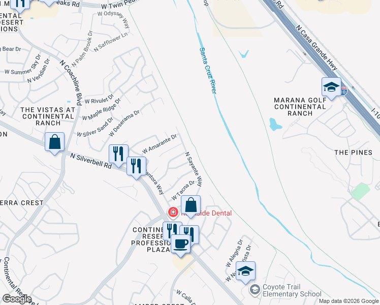 map of restaurants, bars, coffee shops, grocery stores, and more near 8652 North Sayante Way in Tucson