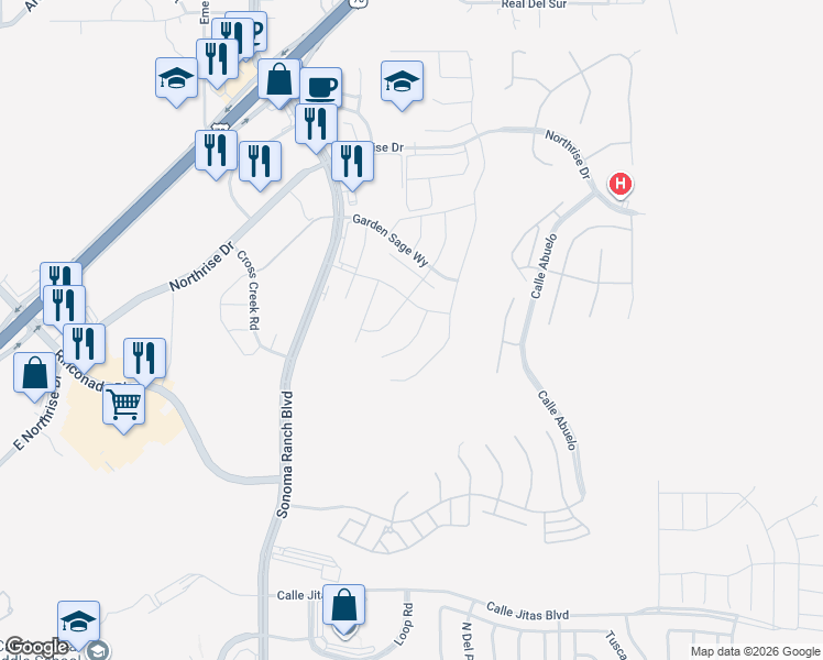 map of restaurants, bars, coffee shops, grocery stores, and more near Sage Garden Way in Las Cruces
