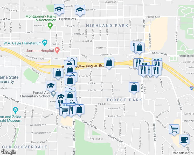 map of restaurants, bars, coffee shops, grocery stores, and more near 2218 East 2nd Street in Montgomery