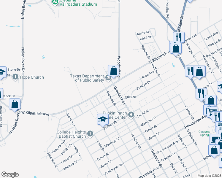 map of restaurants, bars, coffee shops, grocery stores, and more near 607 West Kilpatrick Street in Cleburne