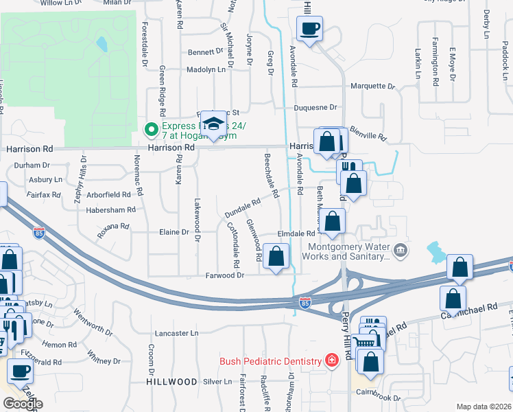 map of restaurants, bars, coffee shops, grocery stores, and more near 3600 Dundale Road in Montgomery