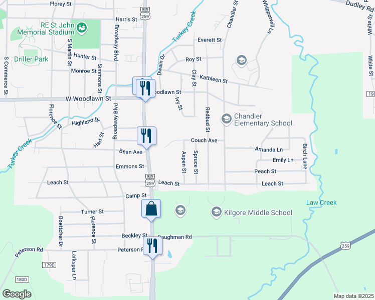 map of restaurants, bars, coffee shops, grocery stores, and more near 2605 Aspen Street in Kilgore