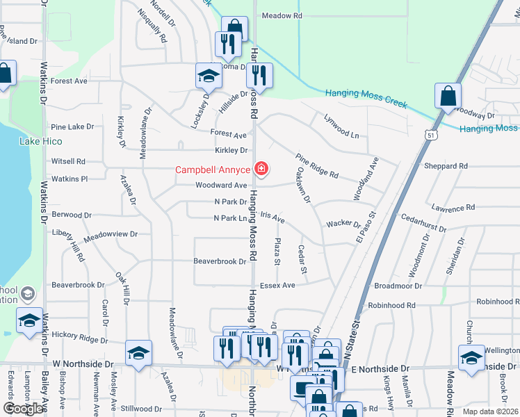 map of restaurants, bars, coffee shops, grocery stores, and more near 503 North Park Drive in Jackson