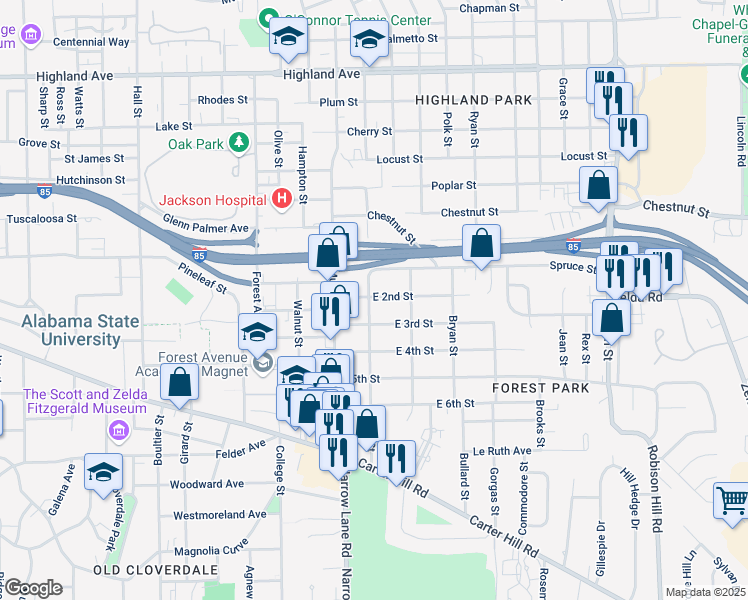 map of restaurants, bars, coffee shops, grocery stores, and more near 1601 West Street in Montgomery