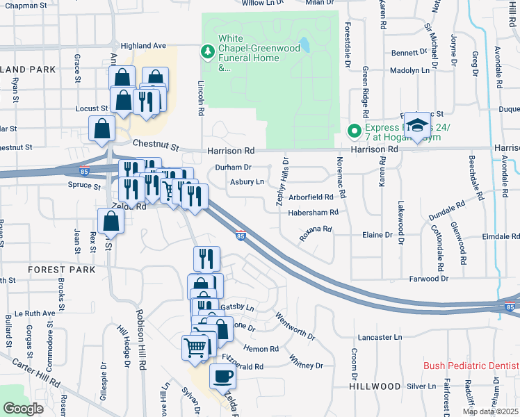 map of restaurants, bars, coffee shops, grocery stores, and more near 3254 Fairfax Road in Montgomery