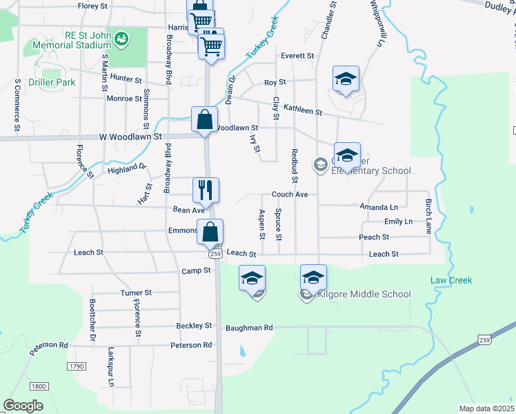 map of restaurants, bars, coffee shops, grocery stores, and more near 2605 Aspen Street in Kilgore