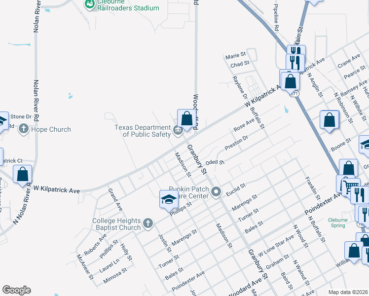 map of restaurants, bars, coffee shops, grocery stores, and more near 607 West Kilpatrick Street in Cleburne