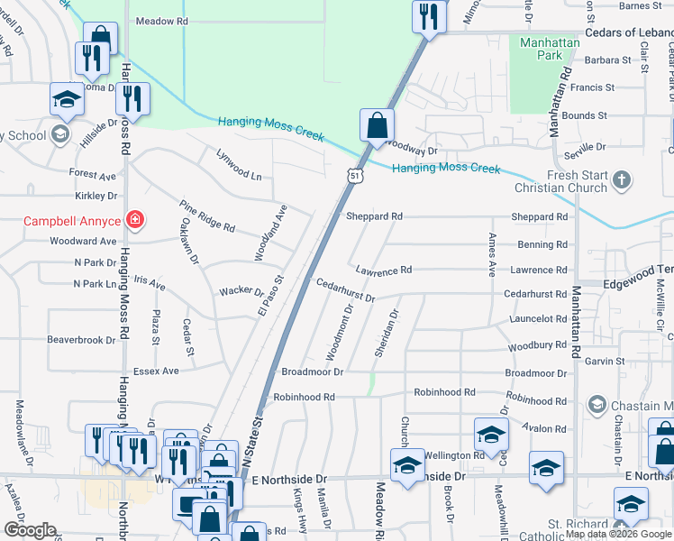 map of restaurants, bars, coffee shops, grocery stores, and more near 219 Lawrence Road in Jackson