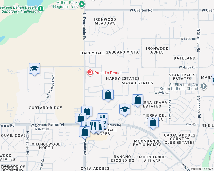 map of restaurants, bars, coffee shops, grocery stores, and more near 3629 West Sunbright Drive in Tucson