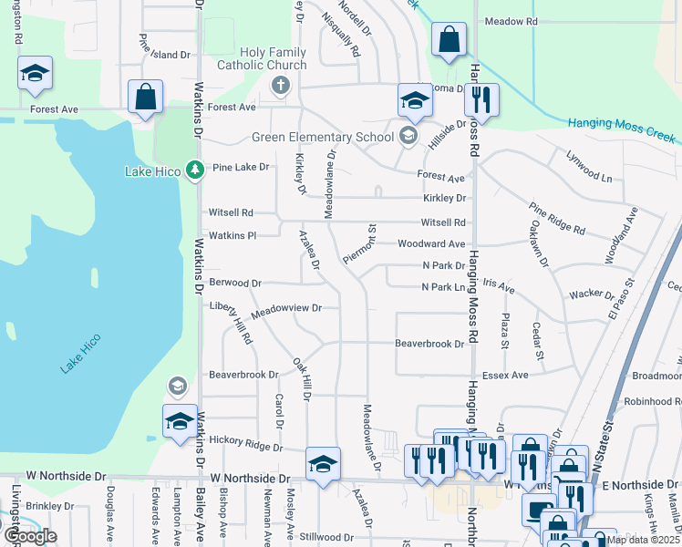 map of restaurants, bars, coffee shops, grocery stores, and more near 4243 Meadowlane Drive in Jackson