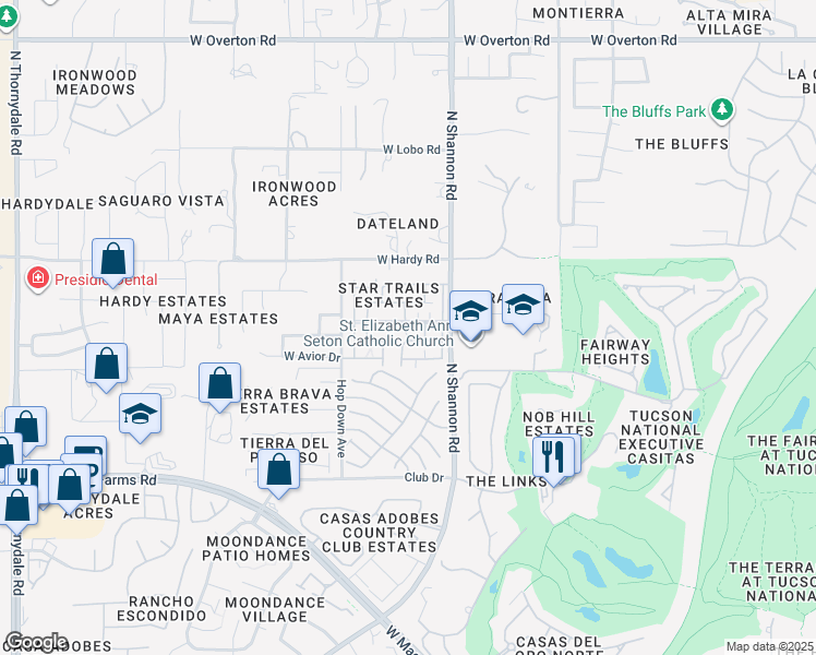 map of restaurants, bars, coffee shops, grocery stores, and more near 2985 West Vía Principia in Tucson