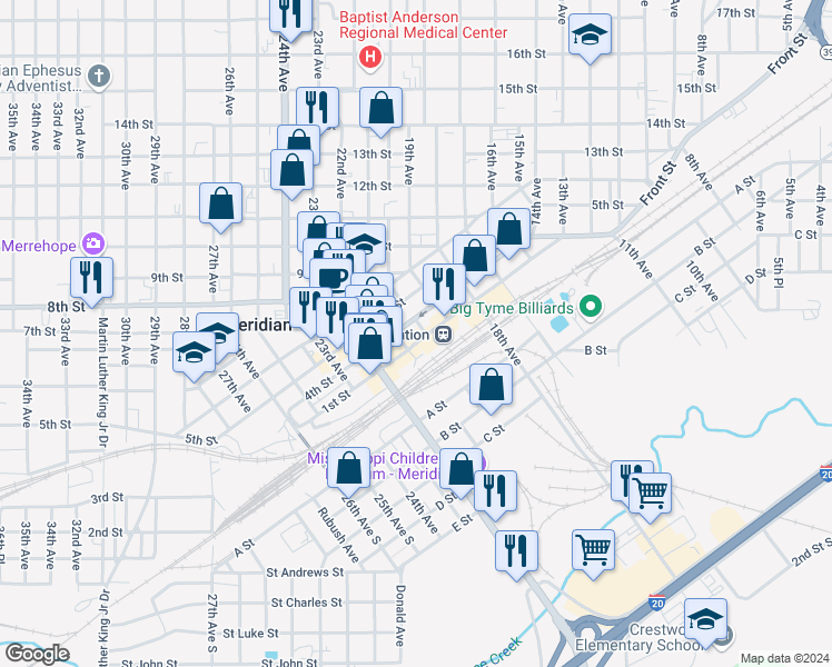 map of restaurants, bars, coffee shops, grocery stores, and more near 212 Constitution Ave in Meridian