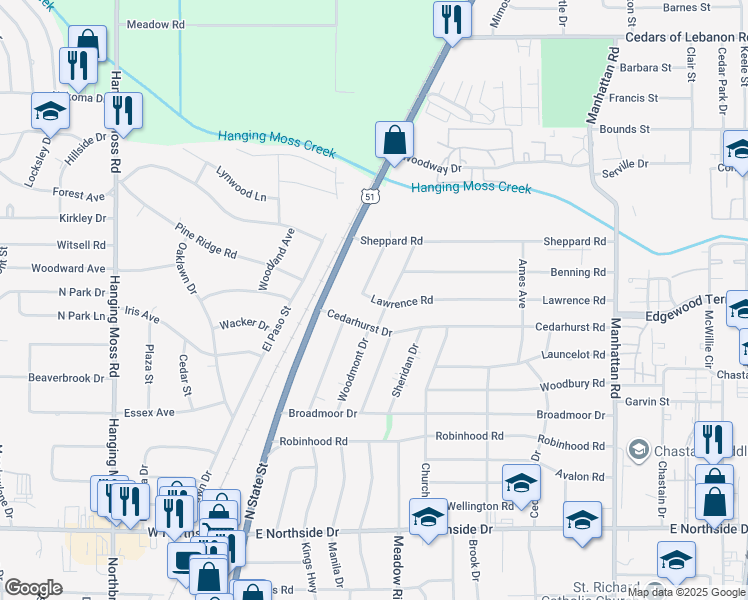 map of restaurants, bars, coffee shops, grocery stores, and more near 304 Lawrence Road in Jackson