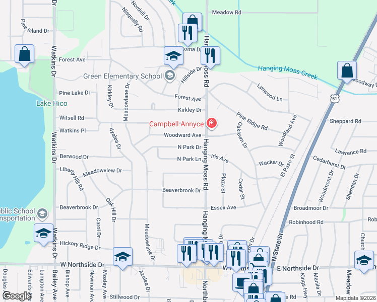 map of restaurants, bars, coffee shops, grocery stores, and more near 527 North Park Drive in Jackson