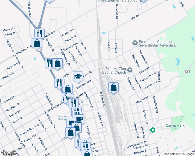 map of restaurants, bars, coffee shops, grocery stores, and more near 600 Gresham Avenue in Cleburne