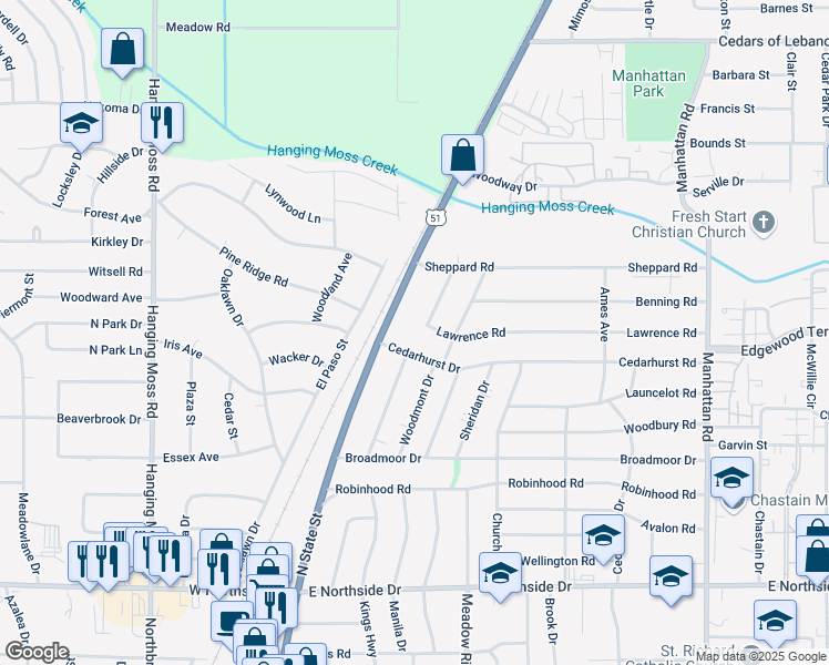 map of restaurants, bars, coffee shops, grocery stores, and more near 219 Lawrence Road in Jackson
