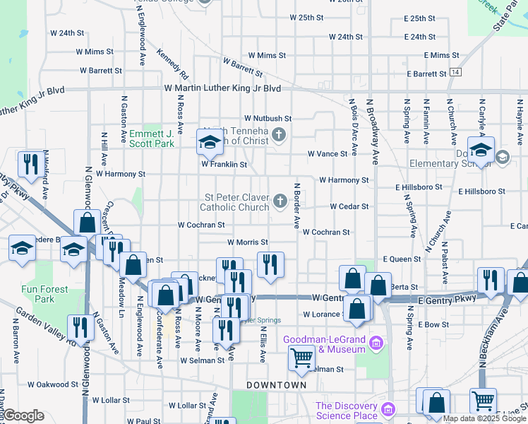 map of restaurants, bars, coffee shops, grocery stores, and more near 1406 North Tenneha Avenue in Tyler