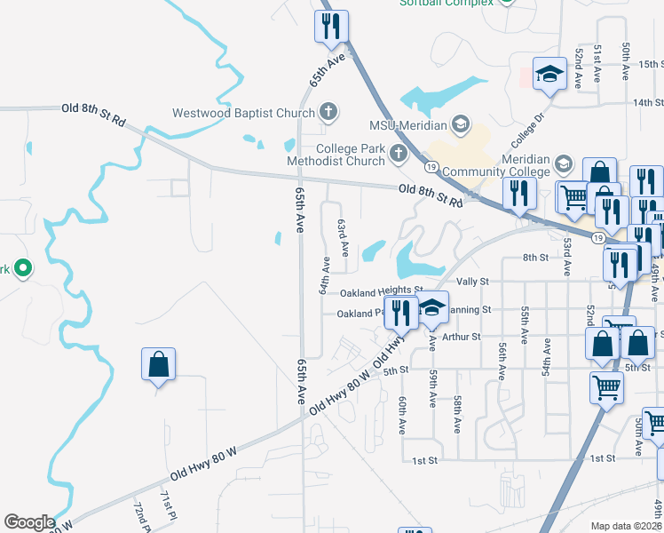 map of restaurants, bars, coffee shops, grocery stores, and more near 712 64th Avenue in Meridian
