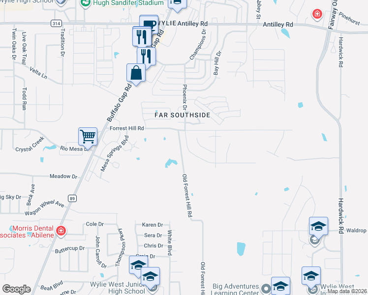 map of restaurants, bars, coffee shops, grocery stores, and more near 6926 Forrest Hill Road in Abilene