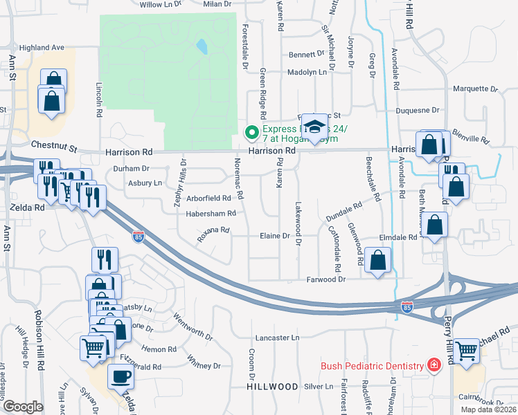 map of restaurants, bars, coffee shops, grocery stores, and more near 1140 Lombard Drive in Montgomery