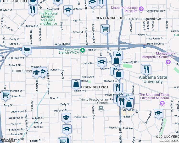 map of restaurants, bars, coffee shops, grocery stores, and more near 955 South Lawrence Street in Montgomery