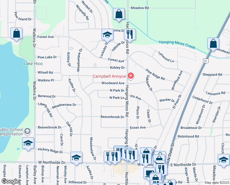 map of restaurants, bars, coffee shops, grocery stores, and more near 527 North Park Drive in Jackson