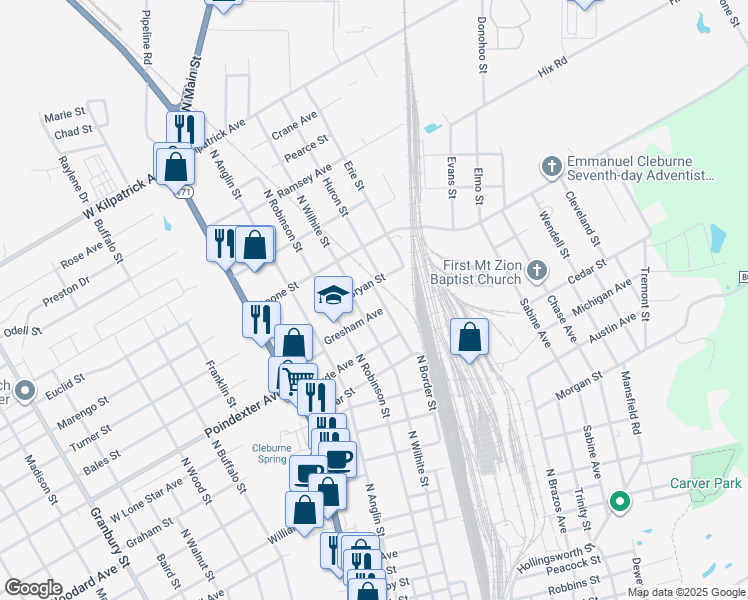 map of restaurants, bars, coffee shops, grocery stores, and more near 1105 North Border Street in Cleburne