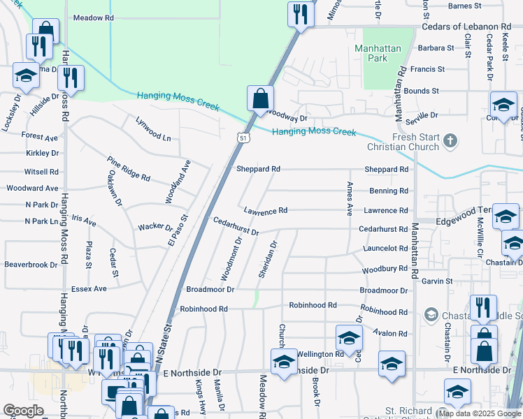 map of restaurants, bars, coffee shops, grocery stores, and more near 304 Lawrence Road in Jackson