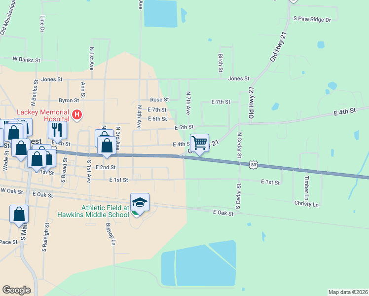 map of restaurants, bars, coffee shops, grocery stores, and more near 106 Old Highway 21 in Forest