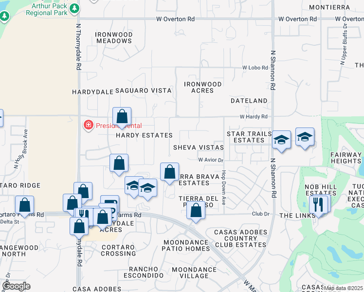 map of restaurants, bars, coffee shops, grocery stores, and more near 8674 North Frampton Place in Tucson