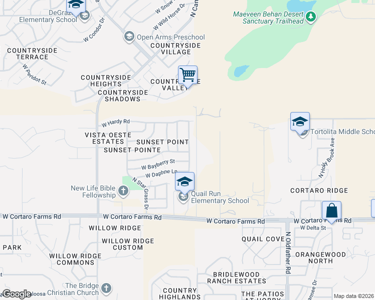 map of restaurants, bars, coffee shops, grocery stores, and more near 4648 West Bluebell Way in Tucson