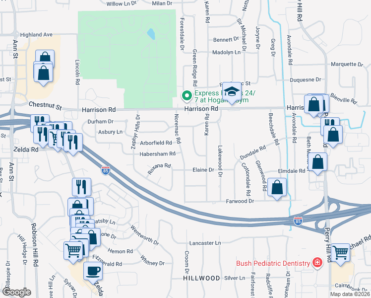 map of restaurants, bars, coffee shops, grocery stores, and more near 1140 Lombard Drive in Montgomery
