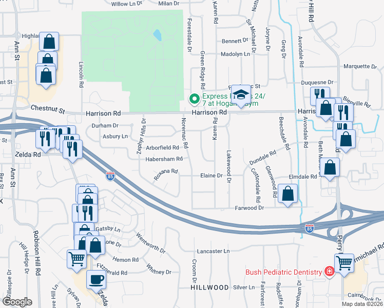 map of restaurants, bars, coffee shops, grocery stores, and more near 1140 Lombard Drive in Montgomery