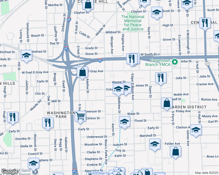 map of restaurants, bars, coffee shops, grocery stores, and more near 352 Columbia Avenue in Montgomery