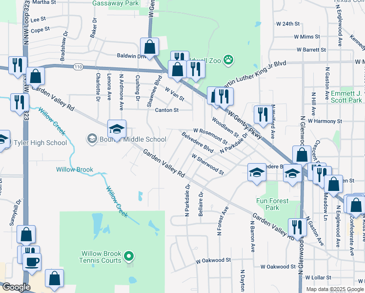 map of restaurants, bars, coffee shops, grocery stores, and more near 1419 North Hawthorne Avenue in Tyler
